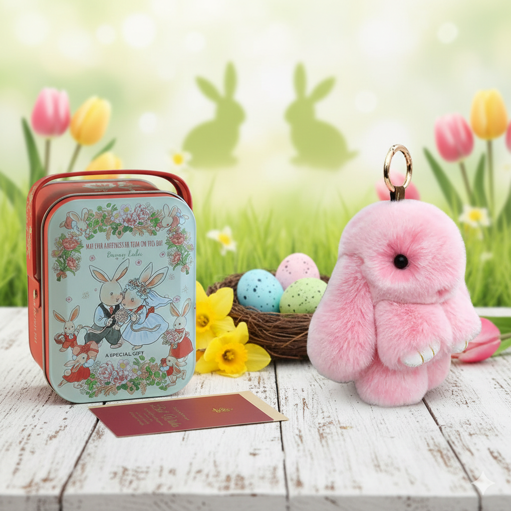 Cute Fluffy Bunny Keychain Gift Set with Box – Perfect Easter Gift