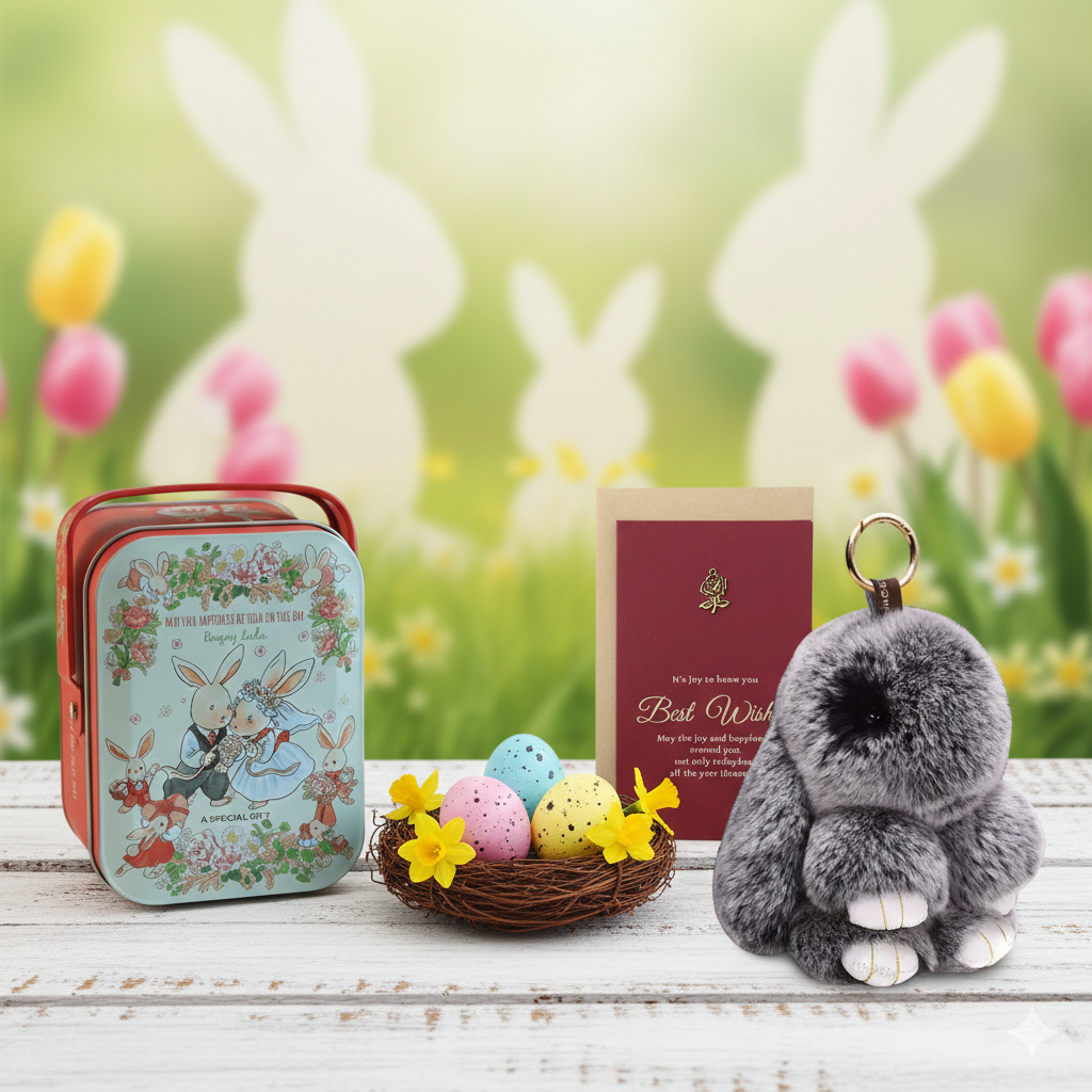 Cute Fluffy Bunny Keychain Gift Set with Box – Perfect Easter Gift