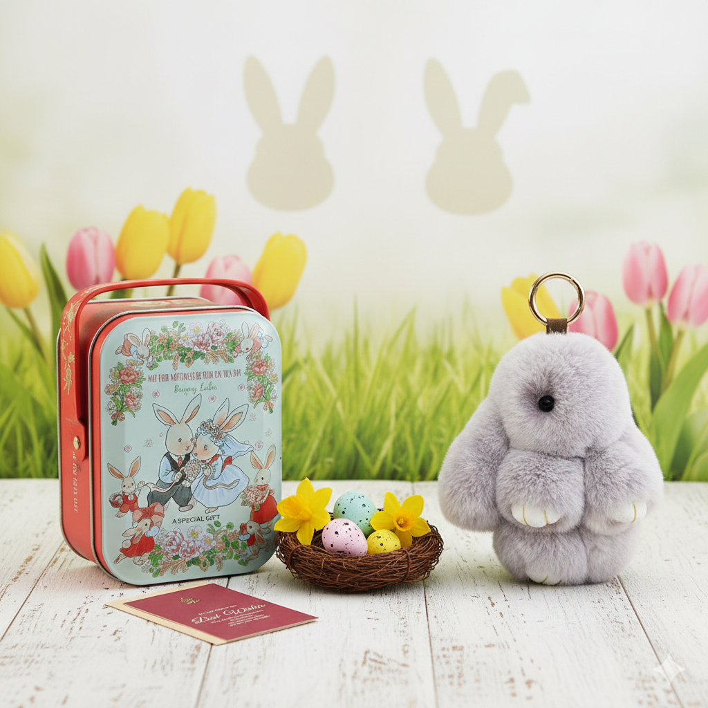 Cute Fluffy Bunny Keychain Gift Set with Box – Perfect Easter Gift