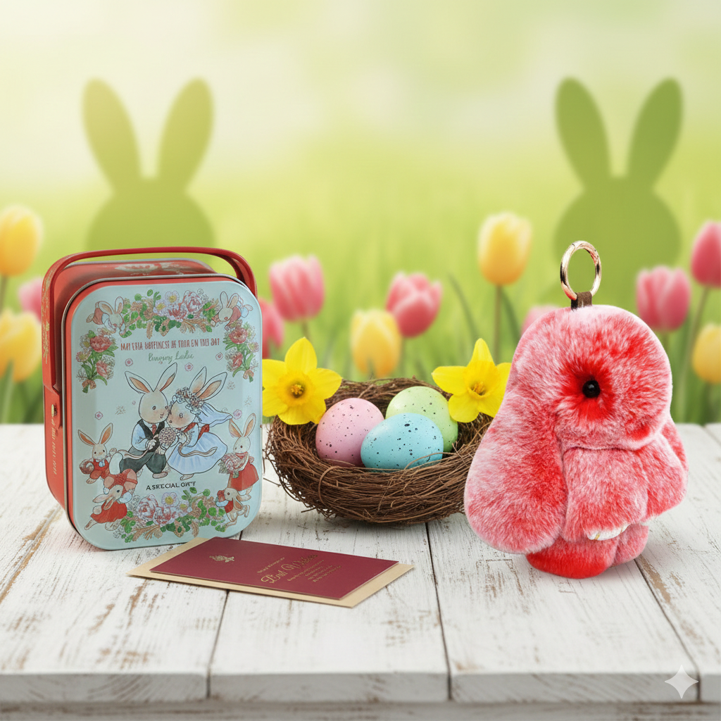 Cute Fluffy Bunny Keychain Gift Set with Box – Perfect Easter Gift