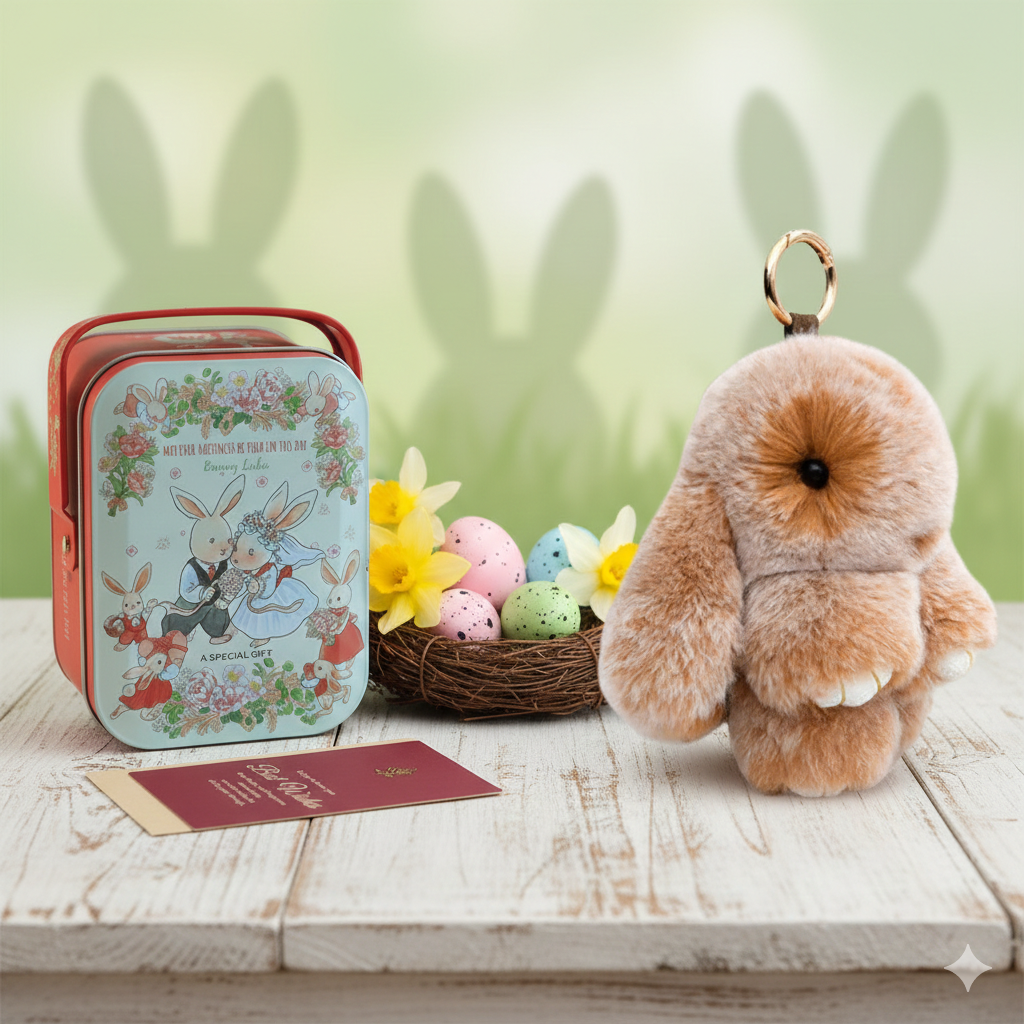 Cute Fluffy Bunny Keychain Gift Set with Box – Perfect Easter Gift
