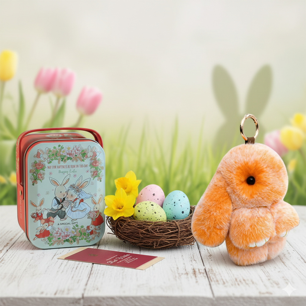 Cute Fluffy Bunny Keychain Gift Set with Box – Perfect Easter Gift
