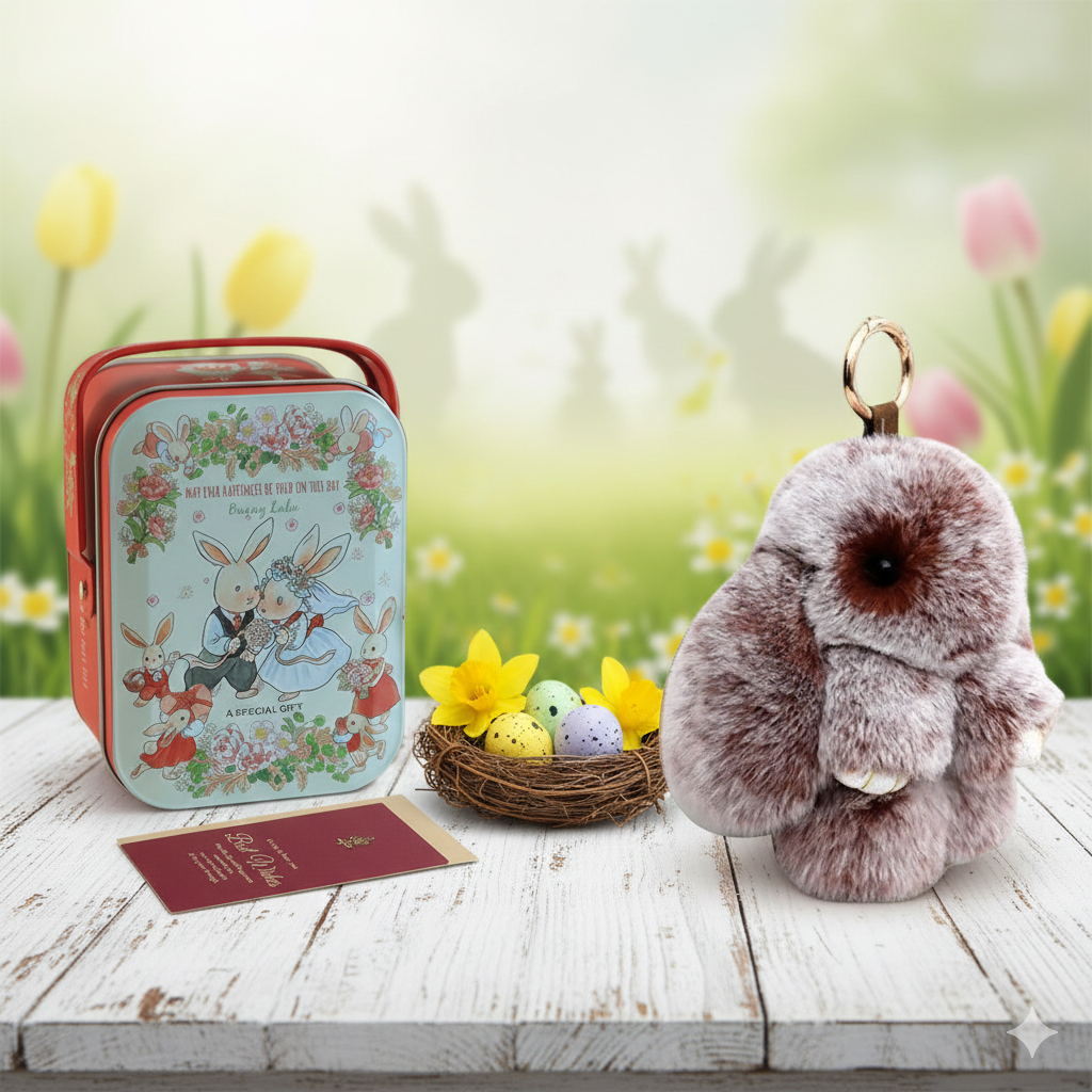 Cute Fluffy Bunny Keychain Gift Set with Box – Perfect Easter Gift